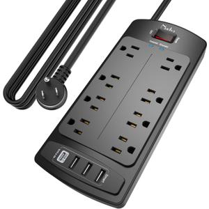 Surge Protector Power Bar - Nuetsa 10Ft Extension Cord Indoor(1625W/13A) with 8-AC Outlets and 4 USB Ports(3U1C), Flat Plug, 2700 Joules, for Home, Office, ETL Listed, Black