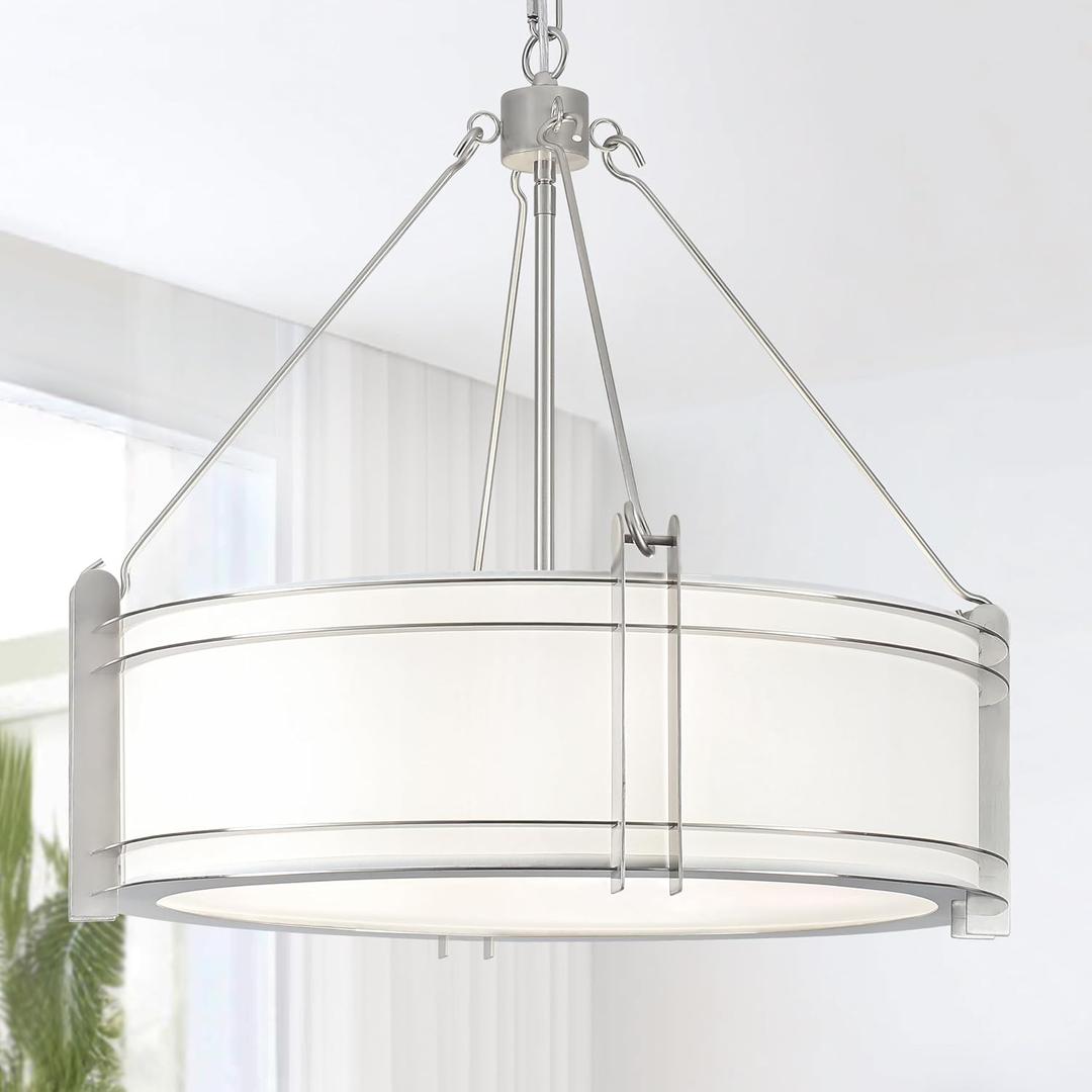 20.4''Drum Chandelier,5-Light Brushed Nickel Modern White Fabric Chandeliers,Farmhouse Round Pendant Light Fixture for Dining Room Kitchen Island Living Room Bedroom Hallway, 20.4in