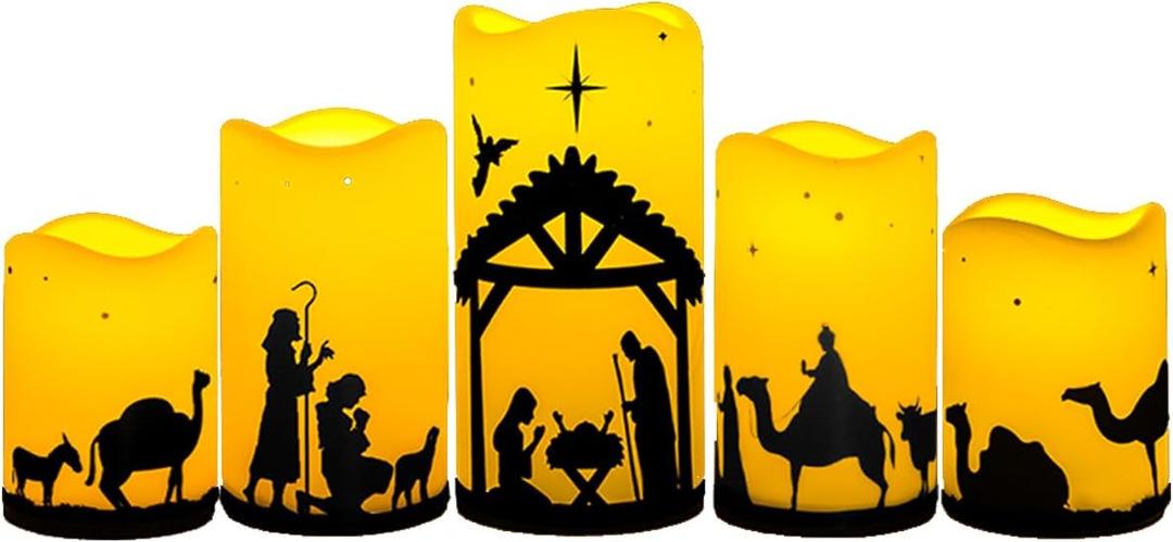 5PCS Christmas Nativity Scene LED Taper Candles with Timer,Battery Operated Religious Candles Indoor Outdoor for Xmas Holiday Home Decor