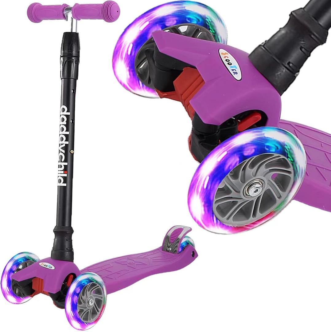 Scooters for Kids 3 Wheel Kick Scooter for Toddlers Girls & Boys, 4 Adjustable Height, Lean to Steer, Extra-Wide Deck, Light Up Wheels for Children from 3 to 14 Years Old