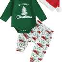 Baby Boy Christmas Outfit My First Christmas Long Sleeve Bodysuit Pants Santa Hat 3-Piece Clothes Set Size 3-6M