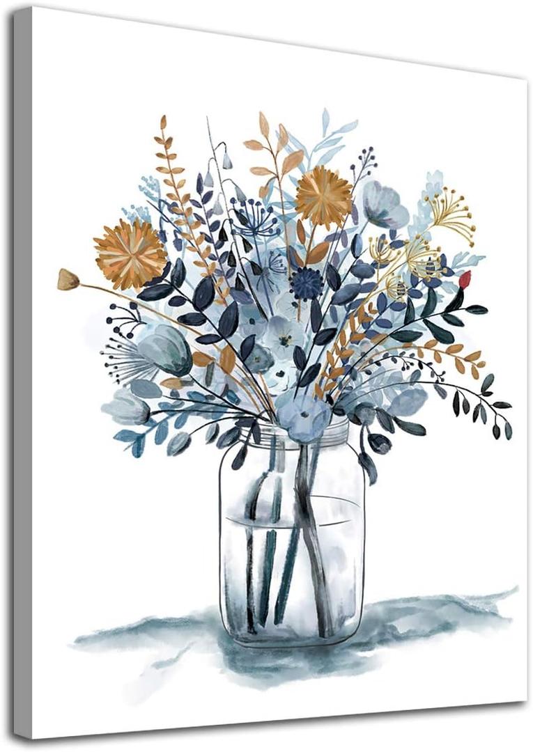 Navy Blue Flowers Canvas Wall Art Bedroom Wall Decor Minimalistic Bouquet Canvas Pictures Blossom Watercolor Artwork for Living Room Bathroom Home Office Decoration Indigo Floral Canvas Prints 12 x 16 (Abstract Blue Botanical)