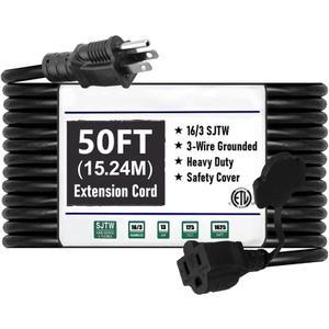 50ft 16 SJTW AWG Heavy Duty Power Cord 3 Prong Extension Cord, NEMA 5-15P to NEMA 5-15R, Power Cable for Indoor and Outdoor Use, ETL Listed (Black)