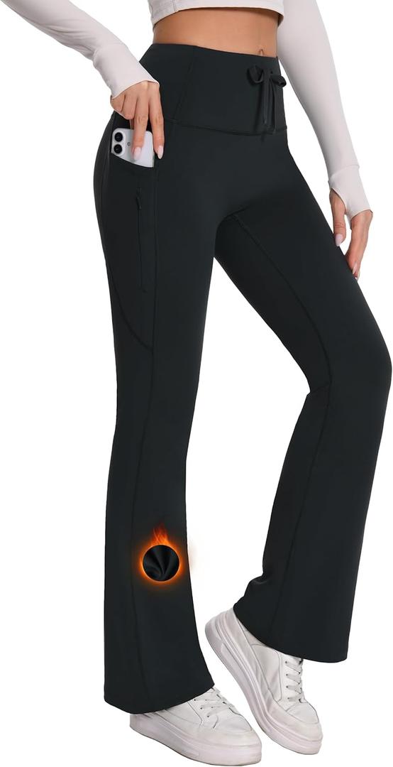 Tapata Women's Fleece Lined Pants 30" Inseam Winter Thermal Bootcut Flare Leggings Yoga Pants with Pockets Black, S