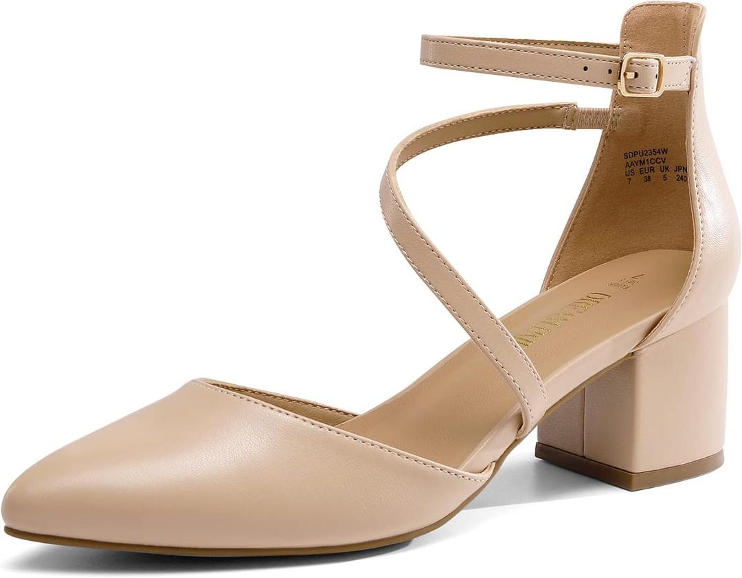 DREAM PAIRS Women's Closed Pointed Toe Low Chunky Heels Pumps Ankle Strap Wedding Business Dressy Shoes SDPU2354W Size 7.5, Nude-Pu