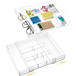 Briwooody 2 Pcs Acrylic Desk Drawer Organizer Maximum 12 x 18 x 2.1 Inch Expandable Drawer Organizer Trays with 8 Adjustable Compartments Desk Accessories for Makeup Silverware Office Bathroom