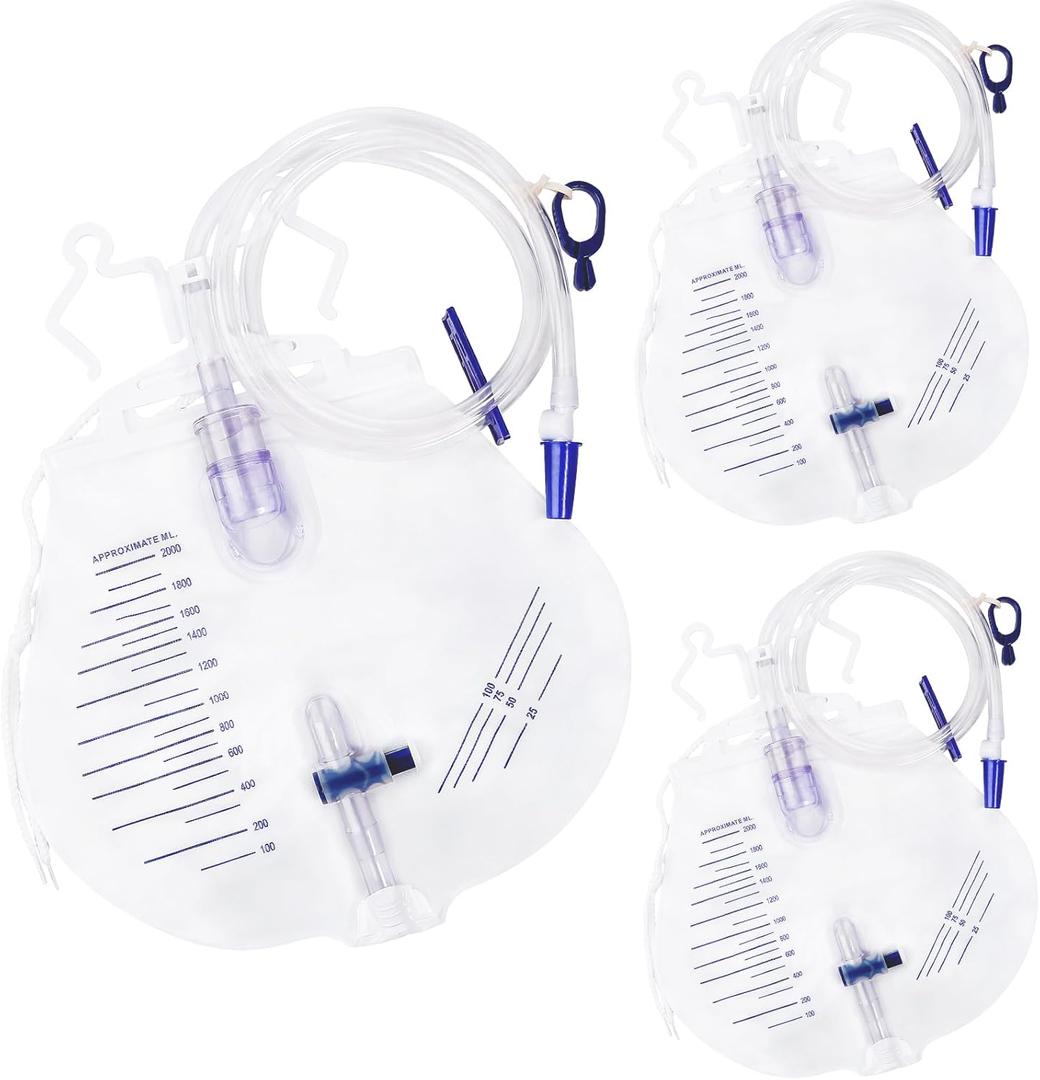 3 Pack Urinary Drainage Bags 2000ml with 48 Inch Flexible Tube, Anti Backflow Design, Clear Scale, Leak Resistant Urine Collection Bag with Dual Hooks, Tie Straps, Cross Valve