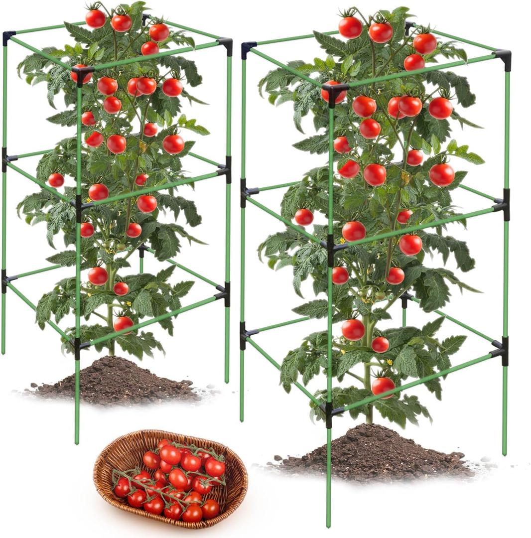 2 Pack Tomato Cages for Garden,Square Tomato Plant Cage Support Heavy Duty Pole 57*15.4*15.4 Inches,Steel Plant Tower Stakes,Cherry Tomato Trellis Cucumber for Climbing Vegetables Flowers Fruits-Green