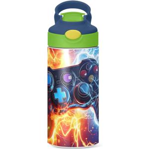 Game Controller Fire Electric Spark Kids Water Bottle with Straw Lid Insulated Tumbler with Handle Stainless Steel Reusable Toddlers Cup for Kids Boys 12 oz Multi28