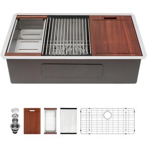 Sarlai 36 Inch Undermount Kitchen Sink Workstation Single Bowl 16 Gauge Stainless Steel Under Counter Kitchen Sinks Large Basin with Round Corners 36x19x10 In