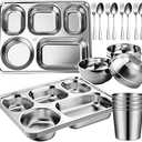 Potchen 14 Pcs 304 Stainless Steel Plates and Bowls Sets with Cups, Spoons, Forks, Compartment Trays Unbreakable Divided Plates Reusable Tableware for Home, Camping, Travel, Restaurant, Silver 