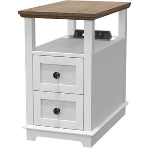 HIFYOBRO Narrow End Table with Flip Top Charging Station and 2 Drawers, Type-C & USB Port & Power outlets, Wooden Storage Cabinet, Side Table with Storage for Living Room and Bedroom (White)