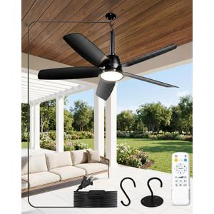 NWOP 36 Inch Plug-In Outdoor Ceiling Fan with Light and Remote, Waterproof Patio Ceiling Fan, 5 Blades Small Ceiling Fan for Porch Gazebo Pergola, Quiet Modern Ceiling Fan, Black