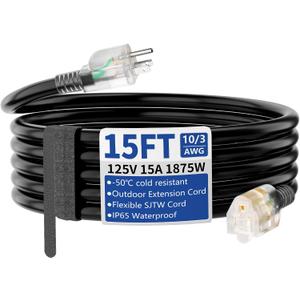 15ft Outdoor/Indoor Extension Cord with Lighted 10/3 Gauge Ultra 3 Prong Heavy Duty SJTW, Waterproof, Flexible Cold-Resistant,15A 125V 1875W, Black