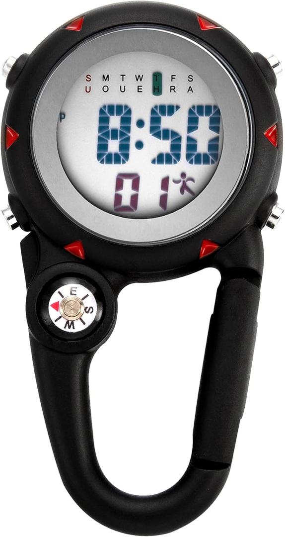 Clip on Multi-Function Digital Carabiner Watch Backpack Fob Watch for Men and Women with Alarm Clock Date Week for Nurses Doctors Chefs Climbers Home Office Outdoor Use (black)