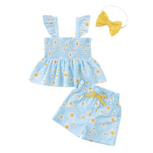 Mioglrie Toddler Girl Summer Outfits Baby 2T 3T Girl Clothes Blue Daisy Girls Spring Outfit Ruffle Sleeveless Top Shorts with Headband 3PCS Clothing Set