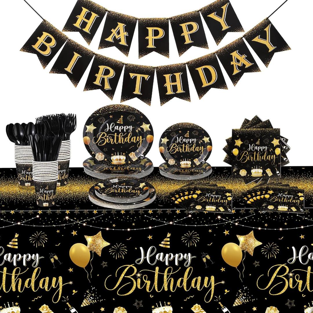 Vesici 171 Pcs Happy Birthday Party Supplies 24 Set Disposable Party Tableware include Plates Cups Napkins Cutlery and Banner Tablecloth Birthday Dinner Decorations for Men Woman(Black, Gold)