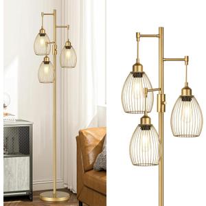 Dimmable Industrial Floor Lamps for Living Room, Gold Tree Standing Tall Lamps with 3 Elegant Teardrop Cage Head & 800 Lumens LED Bulbs for Bedroom Office (Gold-70 inches)