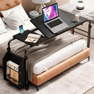 Laptop Desk for Bed,6-Angle Adjustable Overbed Table with Wheels,Adjustable Height and Length Bed Table for Laptop with Side Bookshelf,Standing Desk,Over Bed Desk for Working Hospital Home (Black)