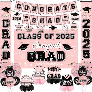 Graduation Decorations Class of 2025 Pink Graduation Party Decor Set include Congrats Grad Banner Backdrop Class of 2025 Balloons Party Supplies