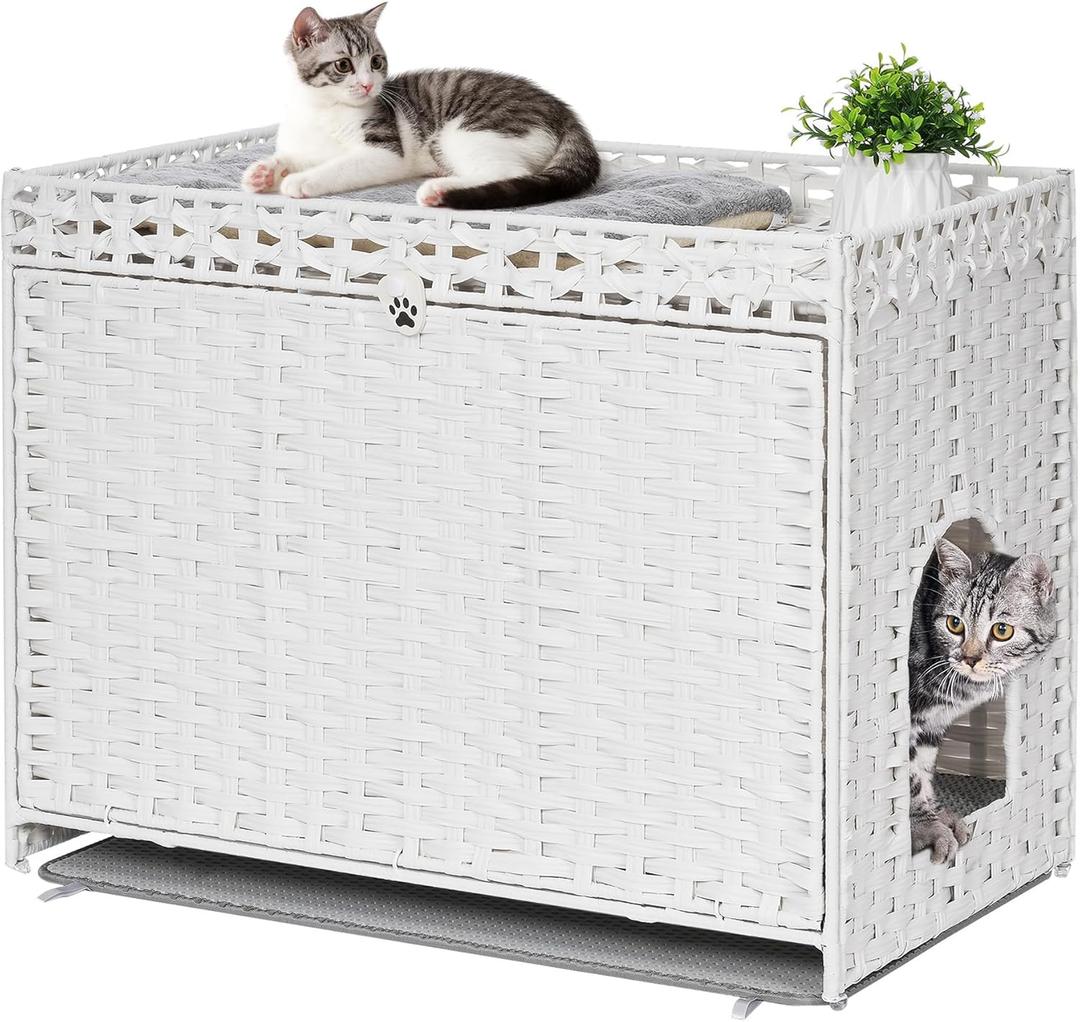 Cat Litter Box Enclosure with Soft Litter Mat; Hidden Cat Washroom Furniture with Door; Handwoven Rattan Cat House with Large Space; Pet Crate for Living Room, Bedroom, Balcony (White) (30.3'' L x 18.2'' W x 24.2'' H)