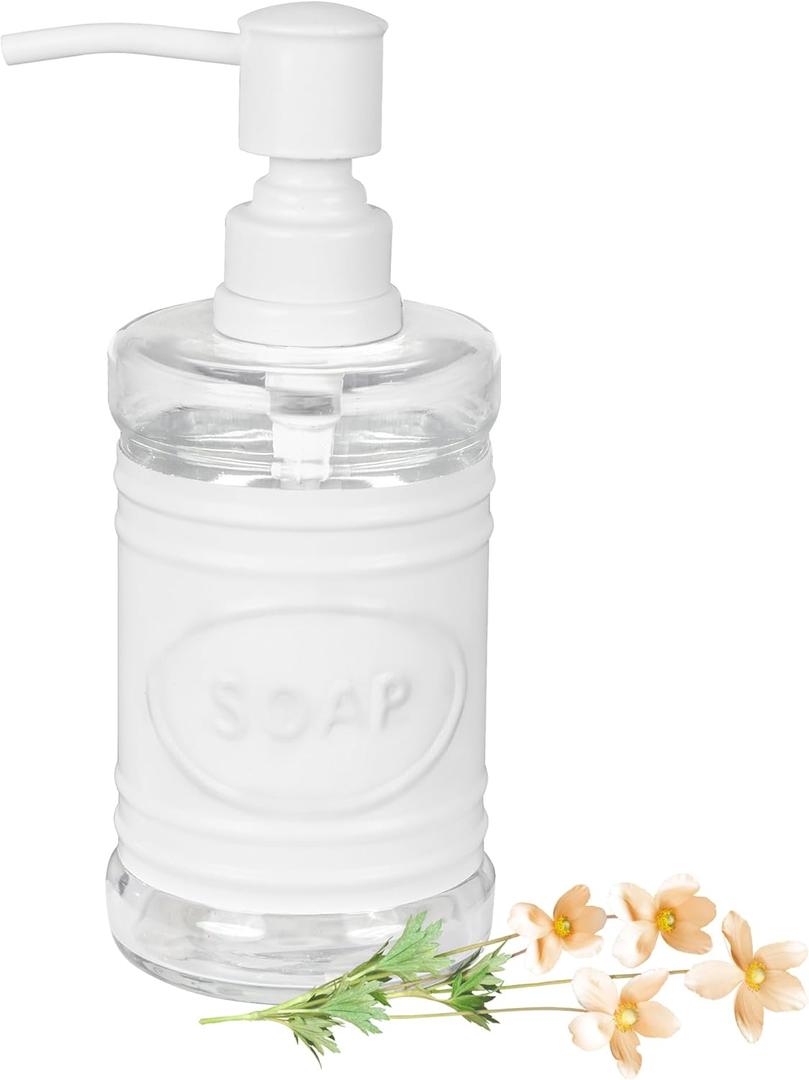 Autumn Alley Glass & White Metal Farmhouse Soap Dispenser for Hand Wash, Sanitizer, Lotion, Dish Soap  Rust-Proof Liquid Soap Container with Pump for Kitchen/Bathroom  Charming SOAP Label Design