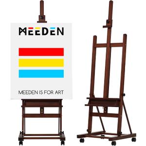 MEEDEN Large Studio Artist Easel, Holds Max Canvas 48", Solid Beech Wood H-Frame Easel with Large Storage Tray, Adjustable Art Painting Easel Stand with Wheels for Beginners & Artists, Walnut