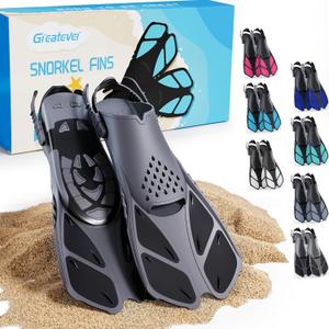 Greatever Snorkel Fins Adjustable Buckles Open Heel Swim Flippers Travel Size Short Swim Fins for Snorkeling Diving Swimming Adult Men Womens (Kids JR (US Size 9-13), Black)