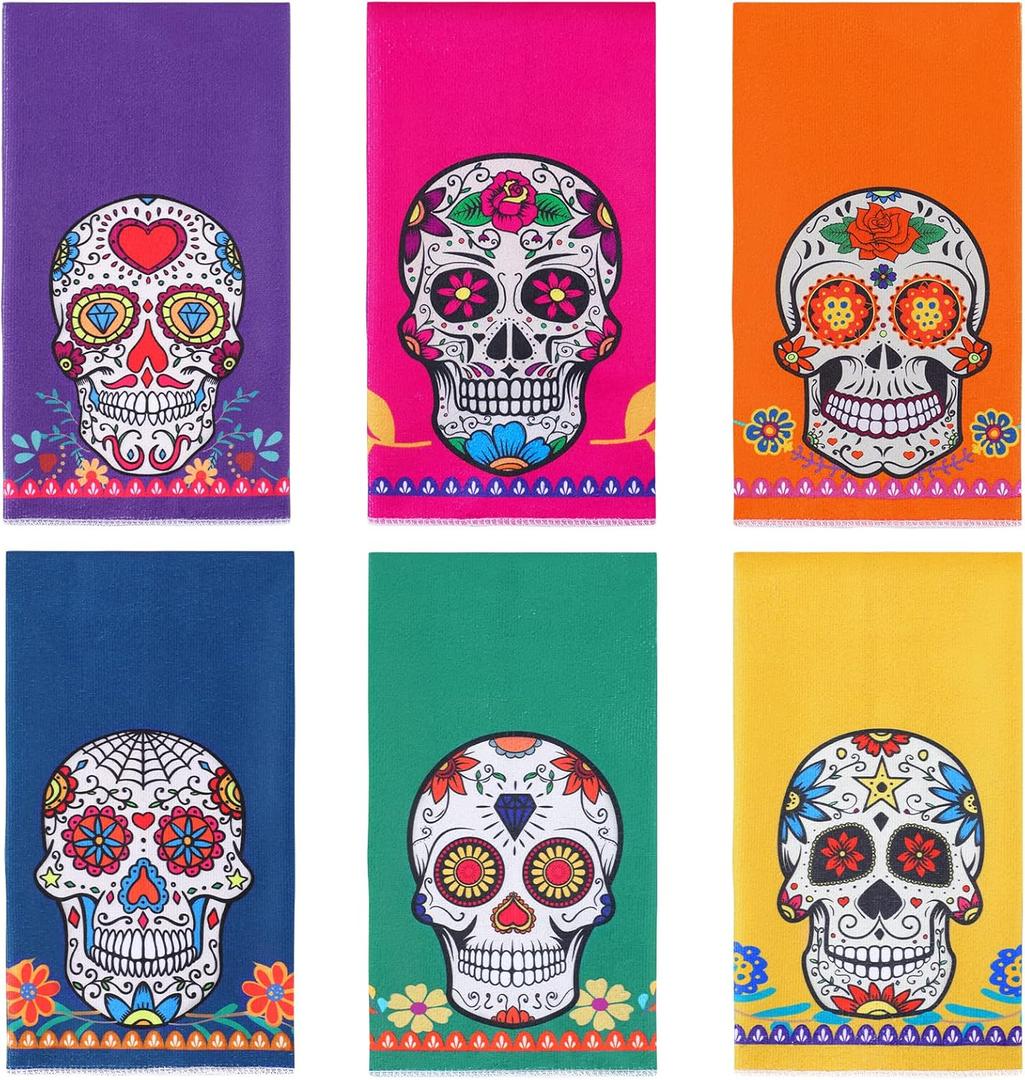 Tudomro 6 Pieces Mexican Kitchen Towels for Sugar Skull Decor Gift Kitchen Decor Dishtowel 24 x 16 Inch Mexican Holiday Absorbent Drying Cloth Hand Towels for Cooking Baking