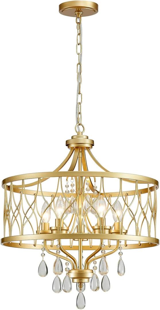 Gold Crystal Chandelier, 5-Light Modern Farmhouse Chandelier for Dining Room Vintage Hanging Pendant Light Fixtures, Gold Round Chandelier for Kitchen Island Entryway Foyer Bedroom Office Bar