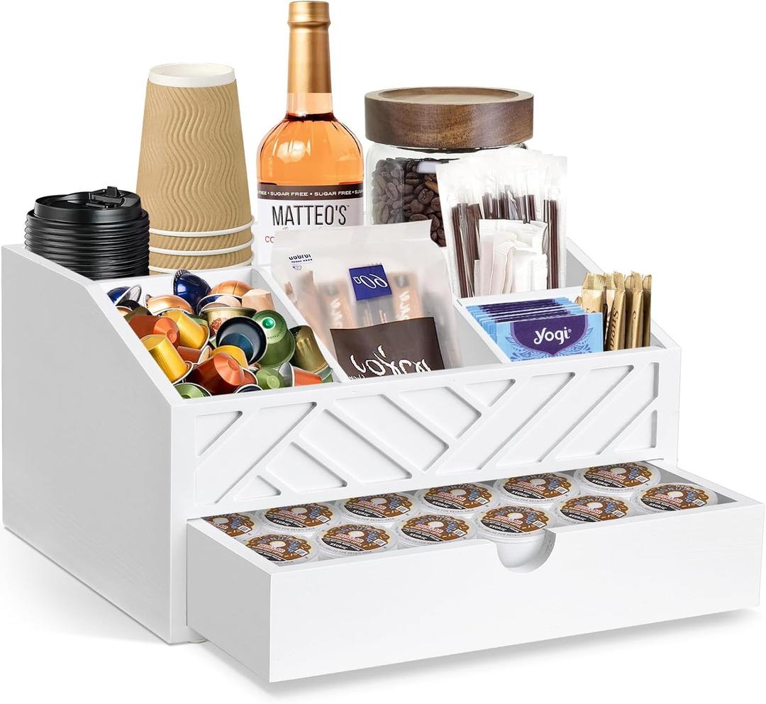 Coffee Bar Organizer with Drawer, Coffee Station Organizer for Countertop, Wood Coffee Bar Accessories Organizer for Coffee Bar Decor, Farmhouse Coffee Cup Pod Holder Condiment Organizer, White