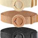 WILLBOND 3 Pcs Women Straw Stretch Belt Elastic Rattan Belts Straw Boho Raffia Belts for Ladies Woven Waist Belt for Dresses, Size: Medium