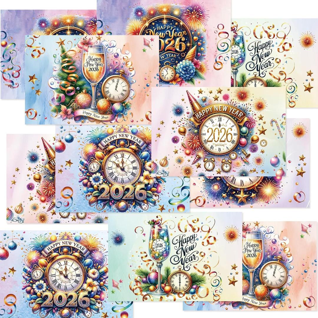 Fancy Land 2026 Happy New Year Cards with Envelopes Watercolor Holiday Greeting Cards for New Year Party Supplies Christmas Favors 12Pcs