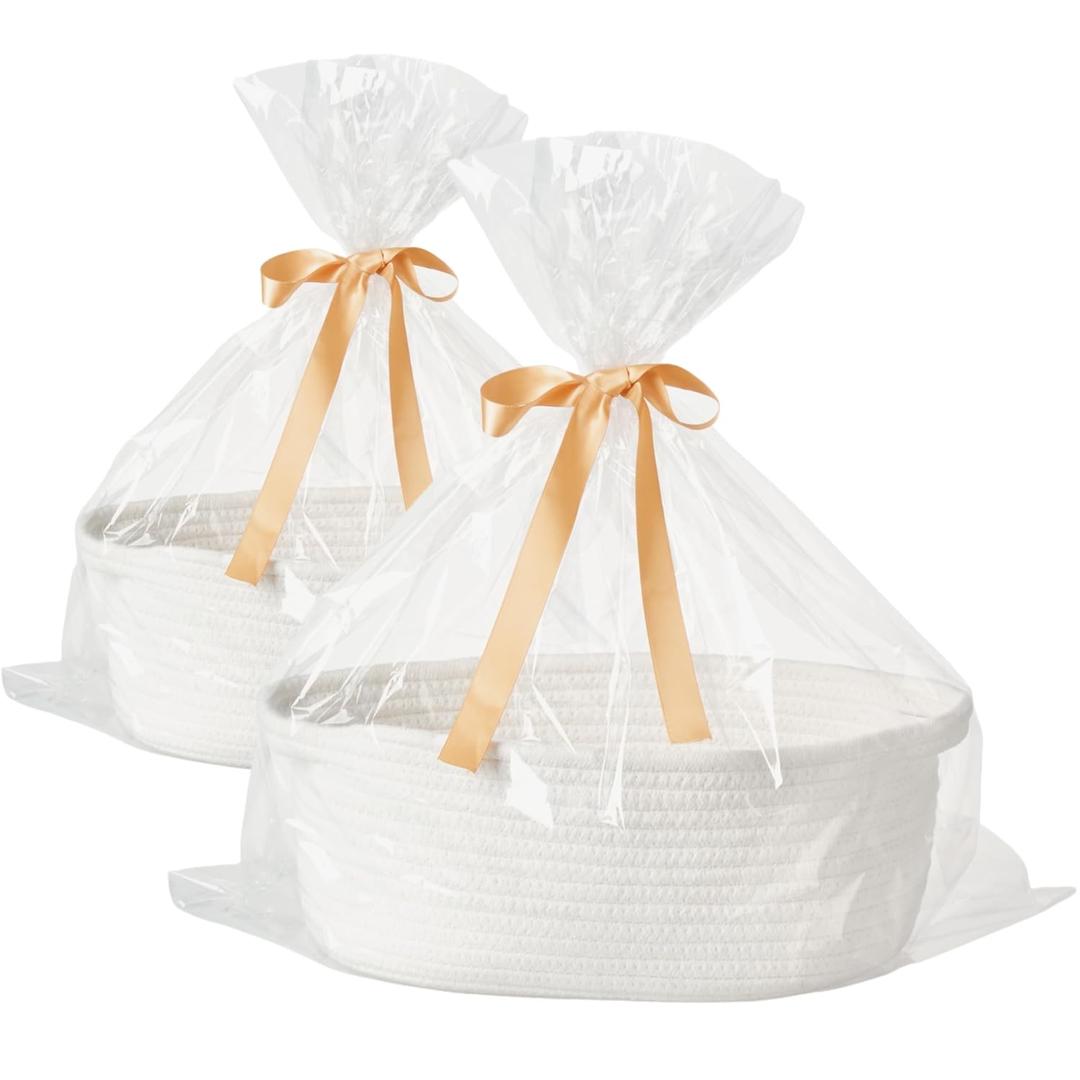 Small Woven Gift Basket Empty with Bag & Ribbon - Gifts for Mom, Baby Shower, Birthdays & Raffle - Cotton Rope Storage Basket for Dog Toys or Shelf - 12"x8"x5", White, 2 Packs