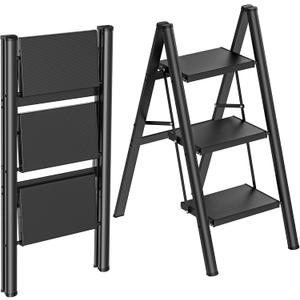 HBTower 3 Step Ladder, Lightweight Aluminum Folding Step Stool, Step Stool Foldable with Wide Anti-Slip Pedal, 330lbs Capacity for Home and Kitchen, Black