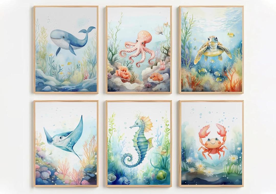 6Pcs Nursery Sea Animal Canvas Wall Art Ocean Cute Watercolor Animal Kids Room Painting Pictures Wall Decor Poster Printing Artwork for Baby Boy Girl Bedroom Children Room Unframed