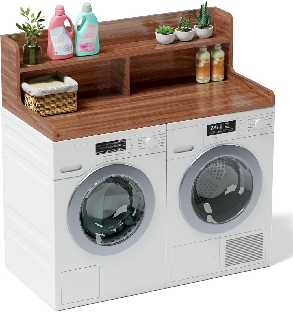2-Tier Washer Dryer Countertop: Laundry Countertop with Edge Rails,Washer and Dryer Covers for The Top, Wood Laundry Topper for Organization,54" W x 27.5" D x 12" H (Walnut Brown)
