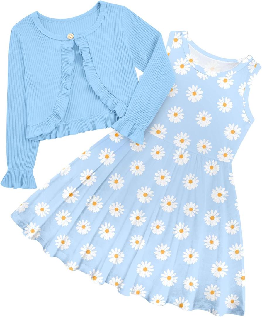 Toddler Girl Sleeveless Dresses and Long Sleeve Ruffle Cardigan 2 Piece Fall Outfits for 2-8T (Blue)