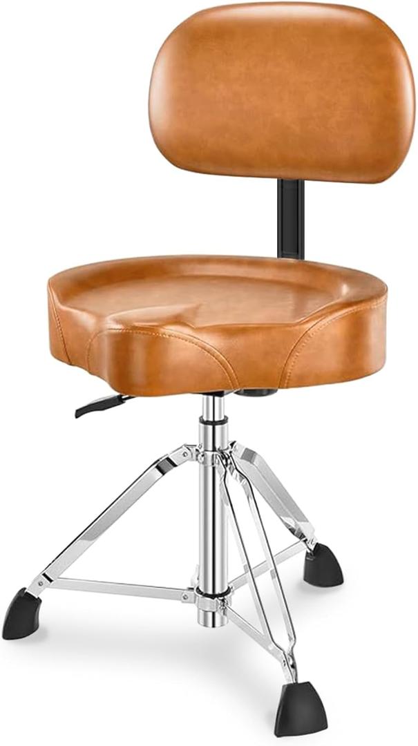 Pro Drum Stool with Backrest, Heavy Duty Hydraulic Drum Throne, Ergonomic Memory Foam Drum Seat, Adjustable Drum Chair Anti-Slip Base, Drum Saddle Bench for Drummers Musicians(Brown)