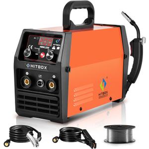 HITBOX 140A MIG Welder Gasless, 110V/220V Dual Voltage Flux Core Welder Flux MIG/Lift TIG/Stick 3 In 1 Synergy MIG Welding Machine With Torch Clamp and 0.8mm Flux Wire