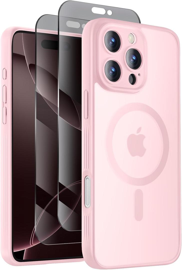 Symcele Designed for iPhone 16 Pro Case, Compatible with MagSafe, with Privacy Screen Protectors X2, [Camera Protection] [15FT Military Drop Protection] Shockproof Phone Case, 2024, Pink