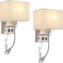 Wall Sconce Plug in Cord Set of 2, Bedside Wall Mount Lights with Dimmable Switch, LED Bedroom Wall Lighting Fixtures with Reading Lamp USB Ports Brushed Nickel