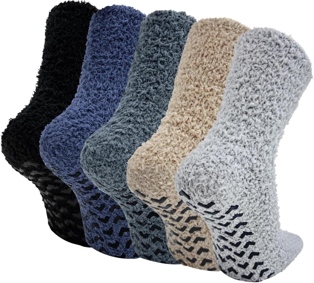 SOJOFEL Men's Fuzzy Slipper Socks with Non-Slip Grips Winter Warm Sleeping Socks for Indoor Home 5 Pairs (11-13)