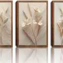 MQjopna Neutral Beige Floral Canvas Wall Art Set of 3, Modern Minimalist Texture Botanical Wall Decor, Vintage Flower Poster Prints for Living Room Bedroom Farmhouse Ready Home Decor 24x16in Framed
