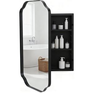 Black Metal Medicine Cabinet French Design,Bathroom Mirror with Storage, Recessed or Surface Mounted, 2 Adjustable Metal Shelves (Brushed Black, 24x32)