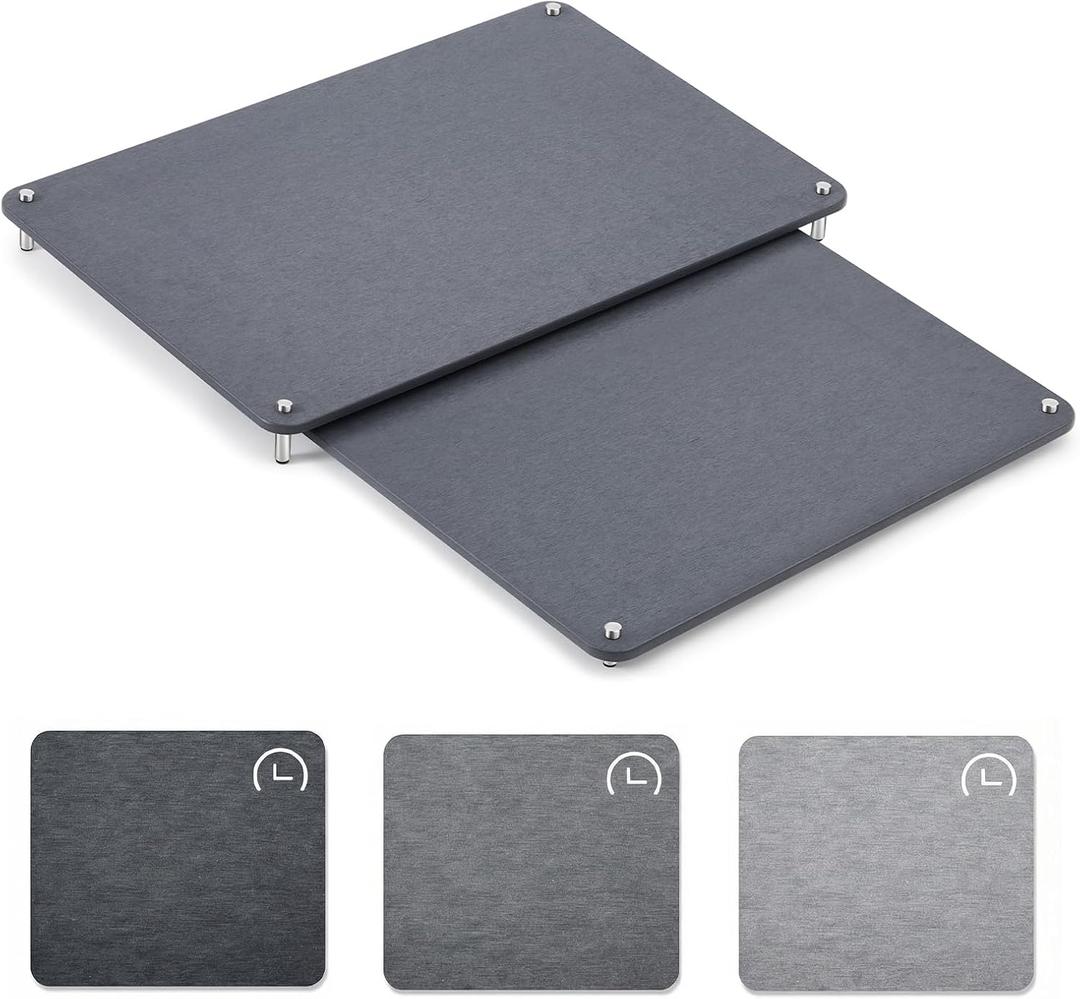 2 Tiers 20"x16" & 16"x12" Extra Large Nesting Stone Dish Drying Mats for Kitchen Counter Absorbent Quick Dry Diatomaceous Earth Mat with Non-slip Feet for Pot Dishes Tableware (Dark Gray)