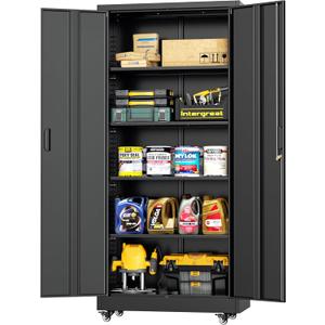 INTERGREAT Metal Storage Cabinet with Wheels, 73" H Rolling Metal Cabinets with Doors and Shelves, Black Steel Lockable Cabinet on Wheels for Garage Storage