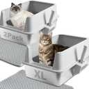 Stainless Steel Cat Litter Box with Lid, 2 Pack XL Metal Litter Box Stainless Steel with Mat & Scoop, Odor-Free/Anti-Leakage & Non-Stick, High-Sided Litter Box for Multiple Big Cats(XL/Grey)