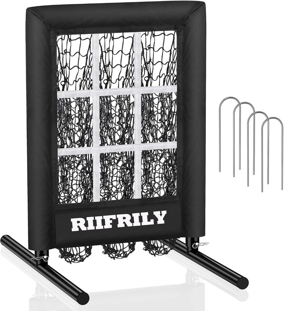 Heavy-Duty 9 Hole Baseball Pitching Net with Pitching Target Pockets, Regulation Size Strike Zone, Portable Adjustable Height Pitcher Training Equipment for Baseball/Softball Practice