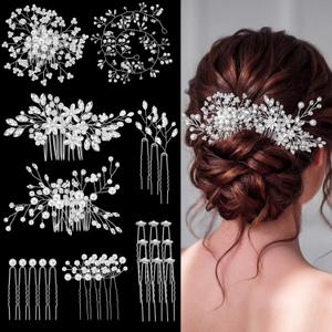 Maitys 44 Pieces Wedding Hair Accessories Faux Pearl Crystal Comb Clips U-shaped Flower Rhinestone Silver Pearl Hair Pieces for Prom Bride Bridesmaid(Delicate Style)